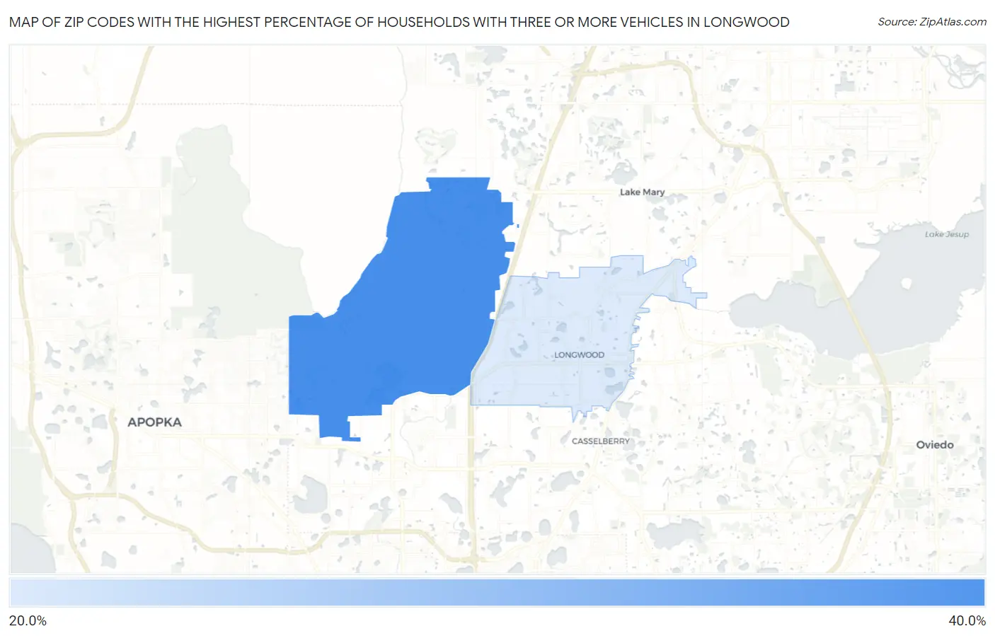 Zip Codes with the Highest Percentage of Households With Three or more Vehicles in Longwood Map
