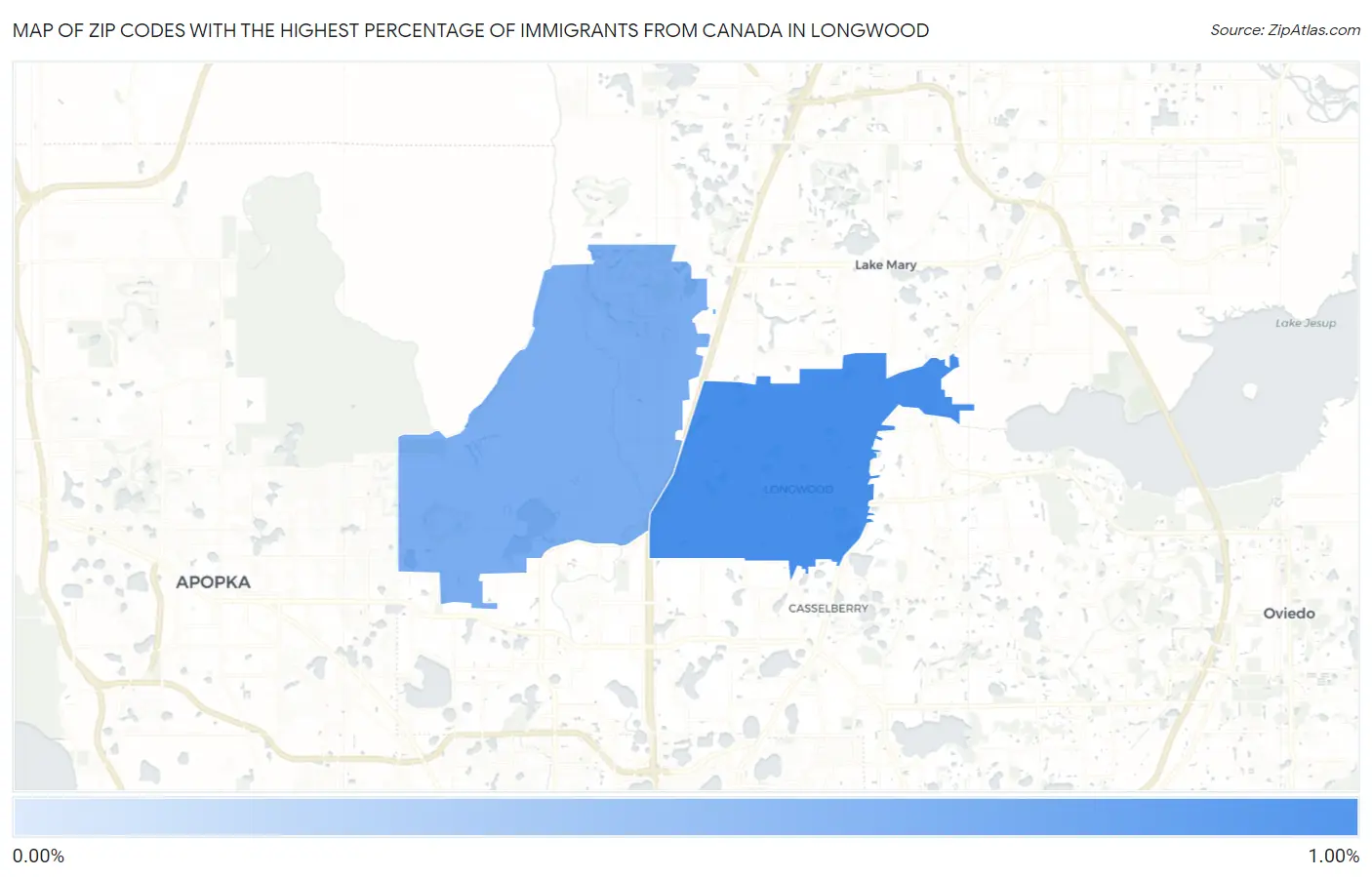 Zip Codes with the Highest Percentage of Immigrants from Canada in Longwood Map