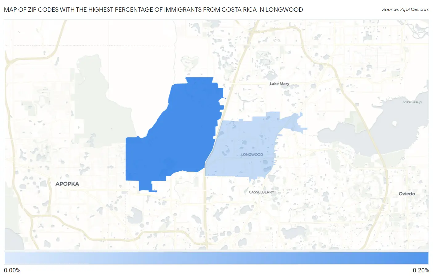 Zip Codes with the Highest Percentage of Immigrants from Costa Rica in Longwood Map