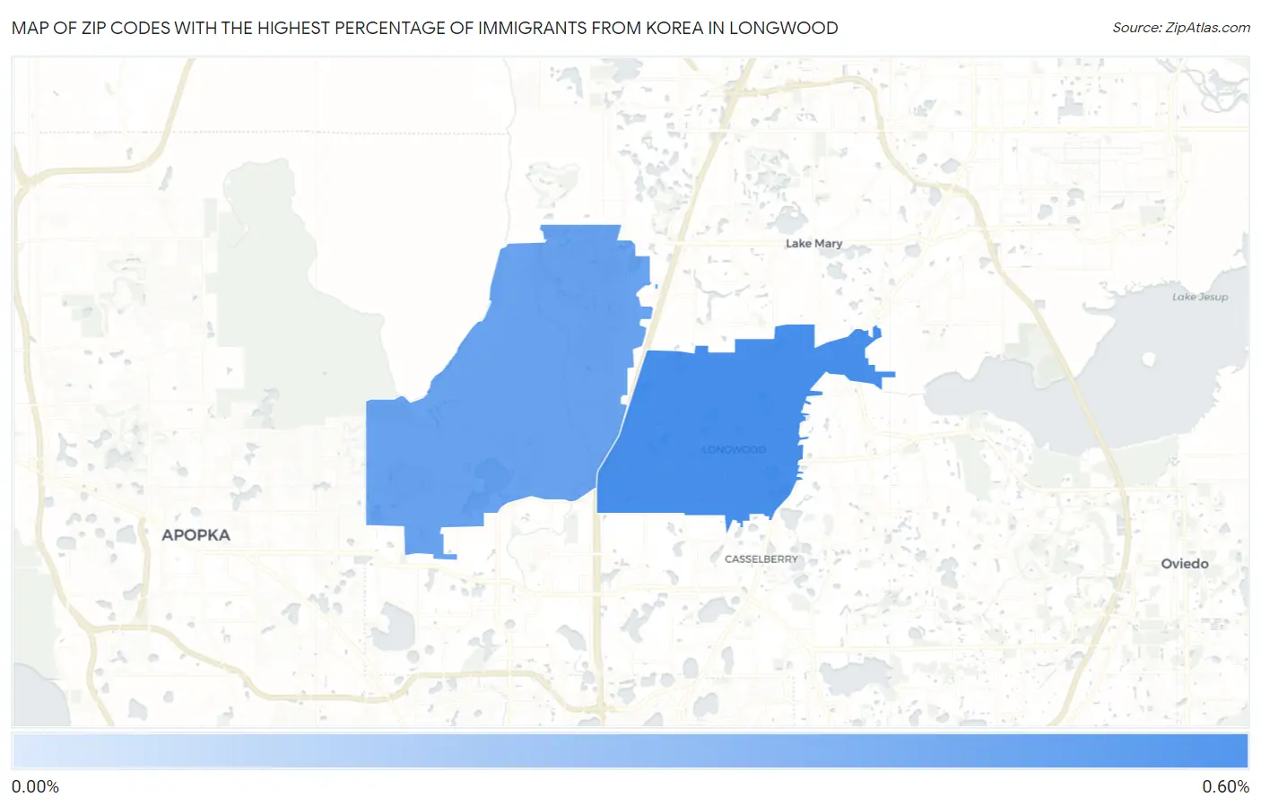 Zip Codes with the Highest Percentage of Immigrants from Korea in Longwood Map
