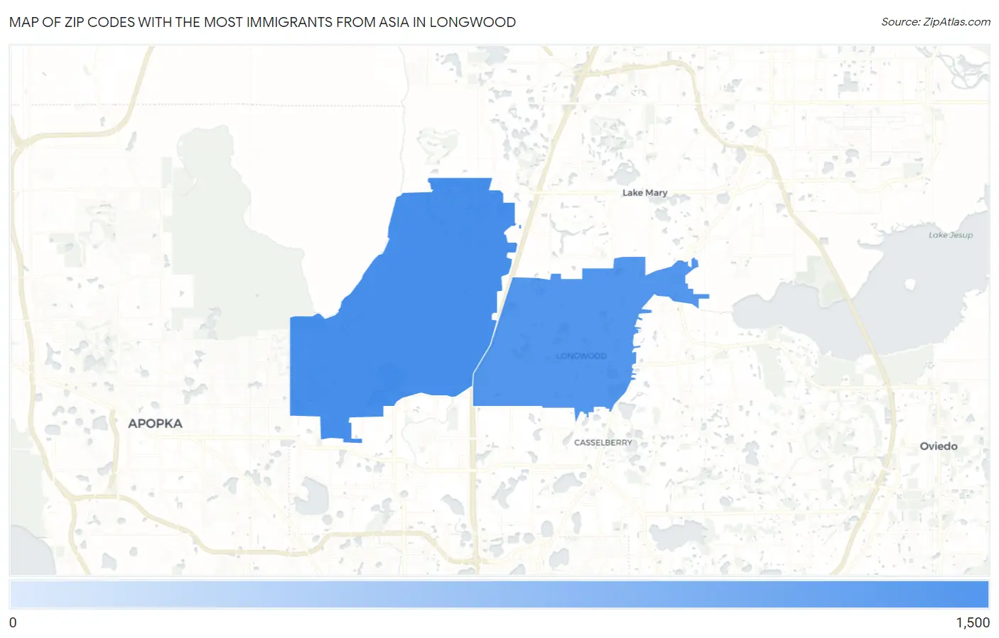 Zip Codes with the Most Immigrants from Asia in Longwood Map