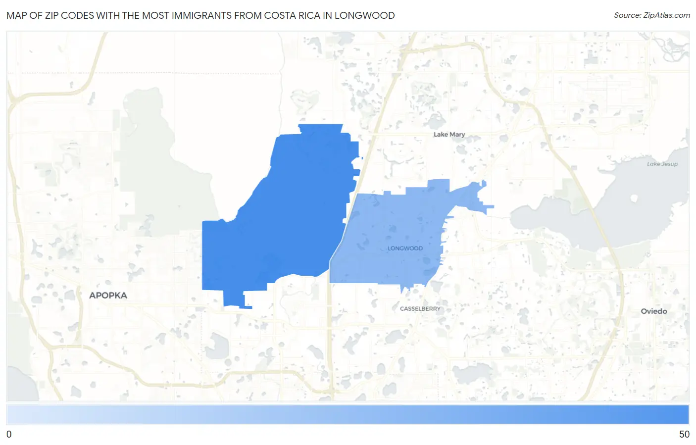 Zip Codes with the Most Immigrants from Costa Rica in Longwood Map