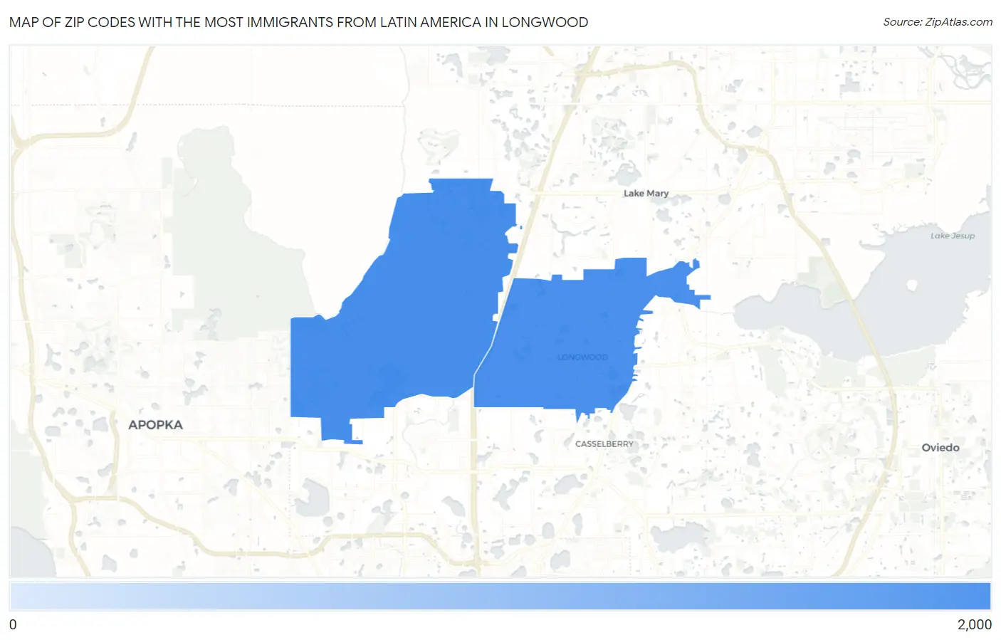Zip Codes with the Most Immigrants from Latin America in Longwood Map