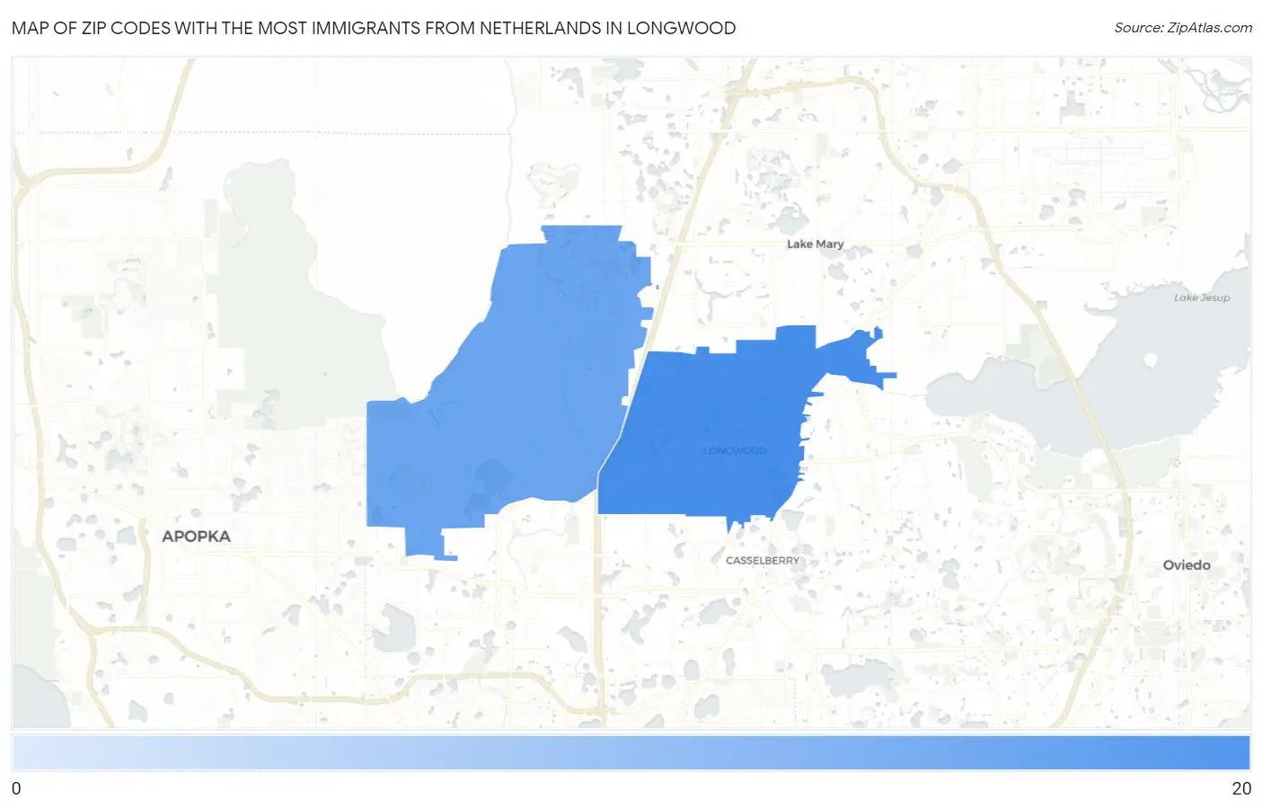 Zip Codes with the Most Immigrants from Netherlands in Longwood Map