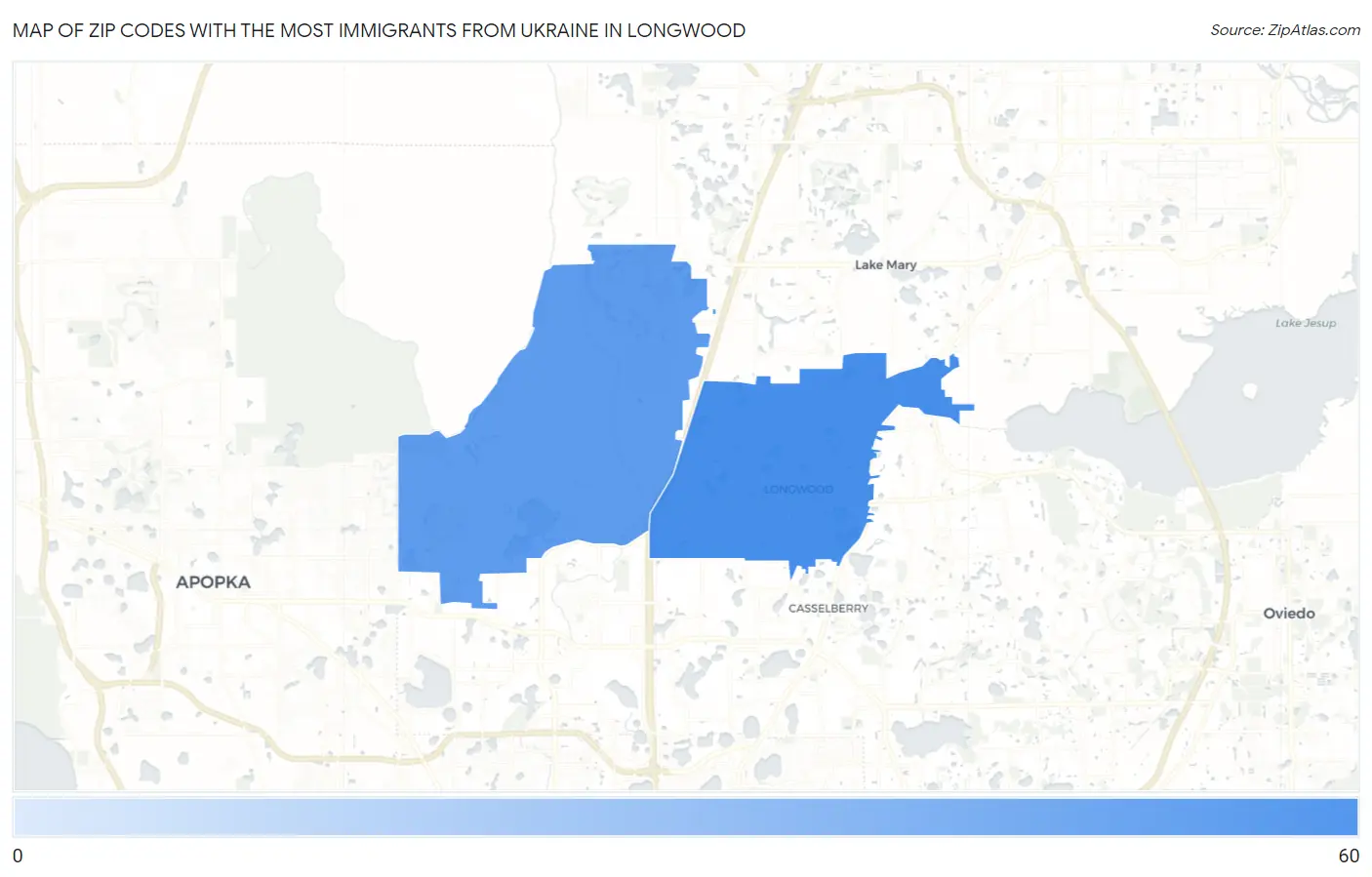Zip Codes with the Most Immigrants from Ukraine in Longwood Map