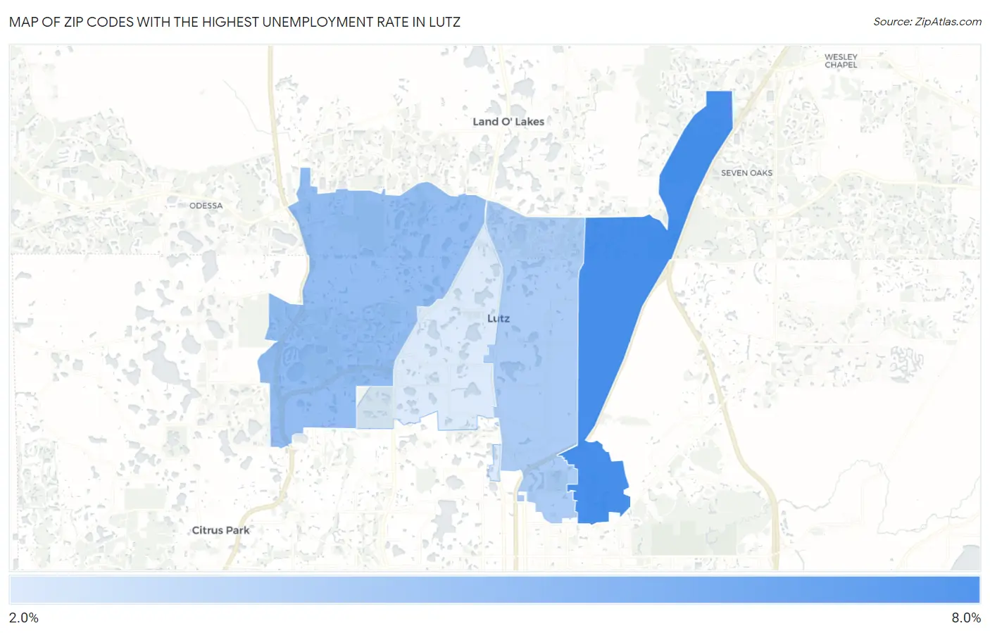 Zip Codes with the Highest Unemployment Rate in Lutz Map