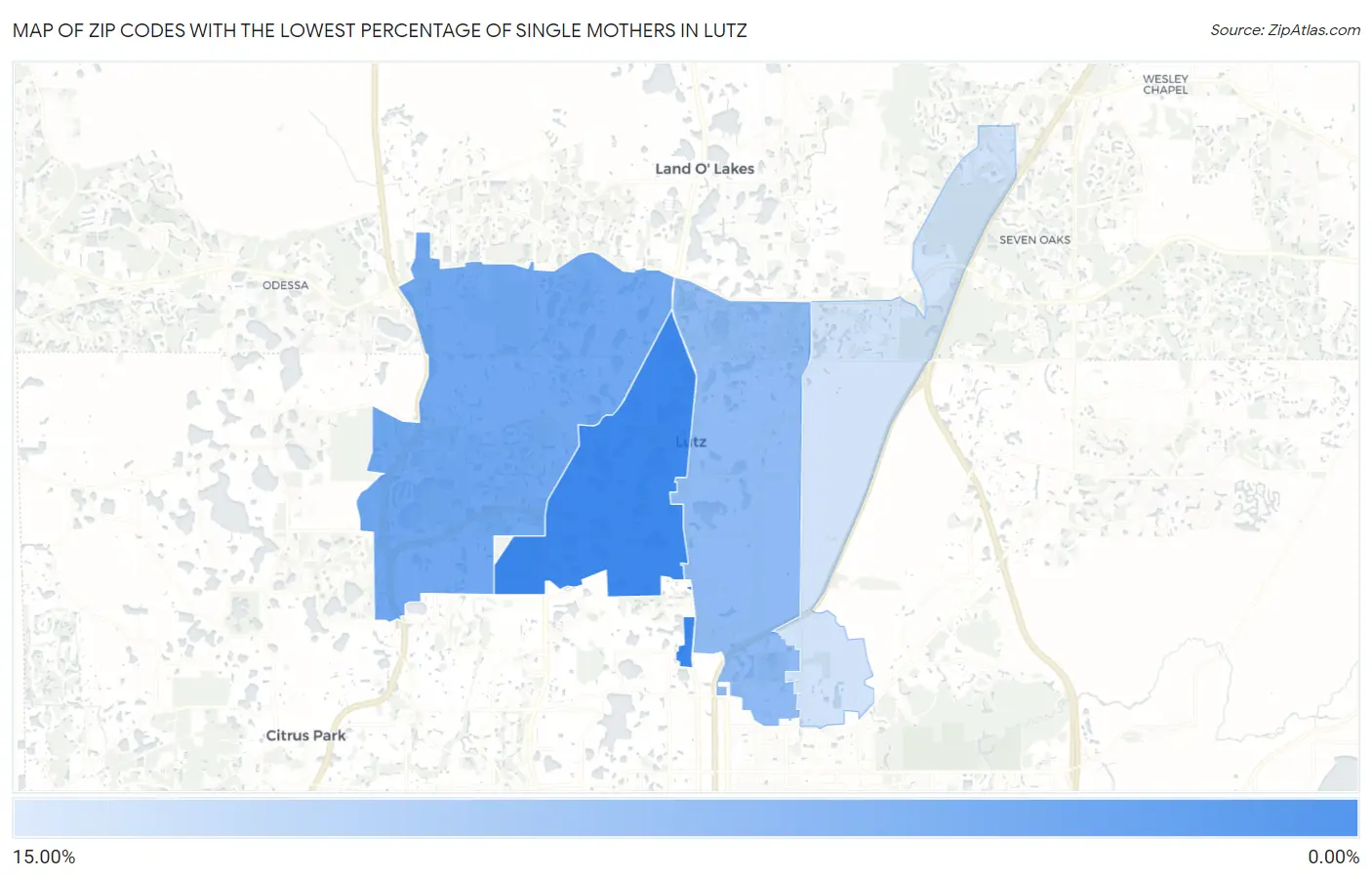 Zip Codes with the Lowest Percentage of Single Mothers in Lutz Map