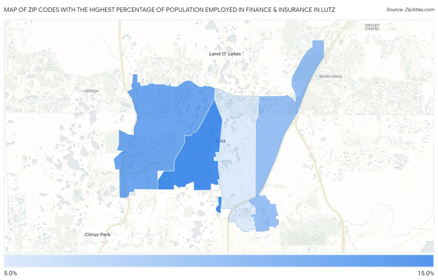 Zip Codes with the Highest Percentage of Population Employed in Finance & Insurance in Lutz Map