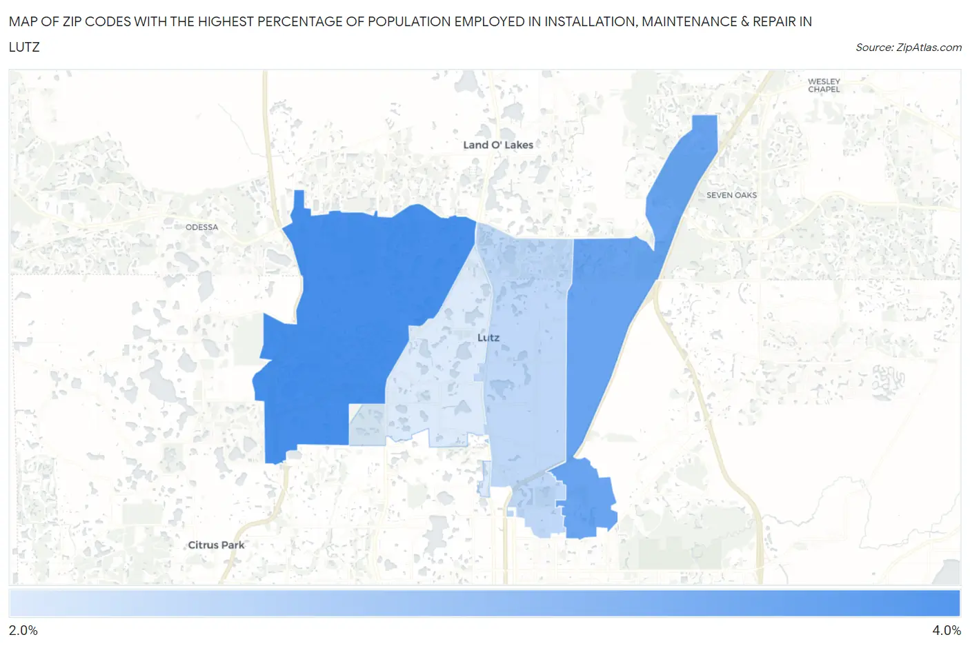 Zip Codes with the Highest Percentage of Population Employed in Installation, Maintenance & Repair in Lutz Map