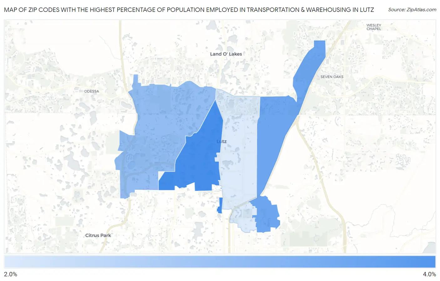 Zip Codes with the Highest Percentage of Population Employed in Transportation & Warehousing in Lutz Map