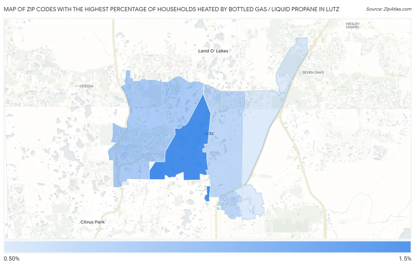 Zip Codes with the Highest Percentage of Households Heated by Bottled Gas / Liquid Propane in Lutz Map