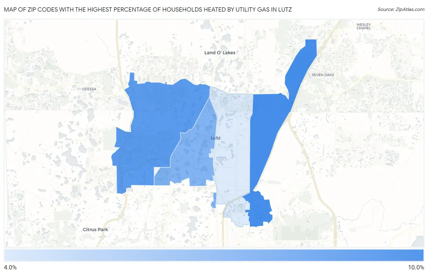 Zip Codes with the Highest Percentage of Households Heated by Utility Gas in Lutz Map