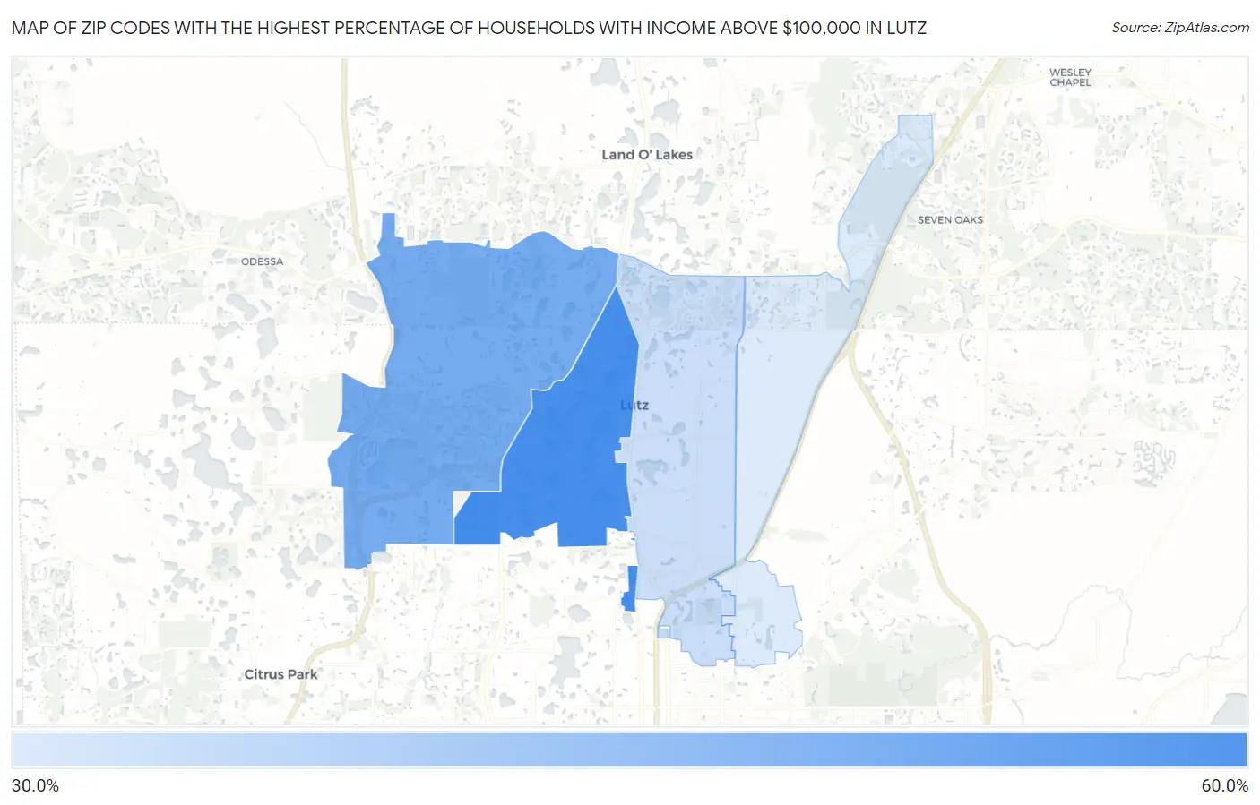 Zip Codes with the Highest Percentage of Households with Income Above $100,000 in Lutz Map