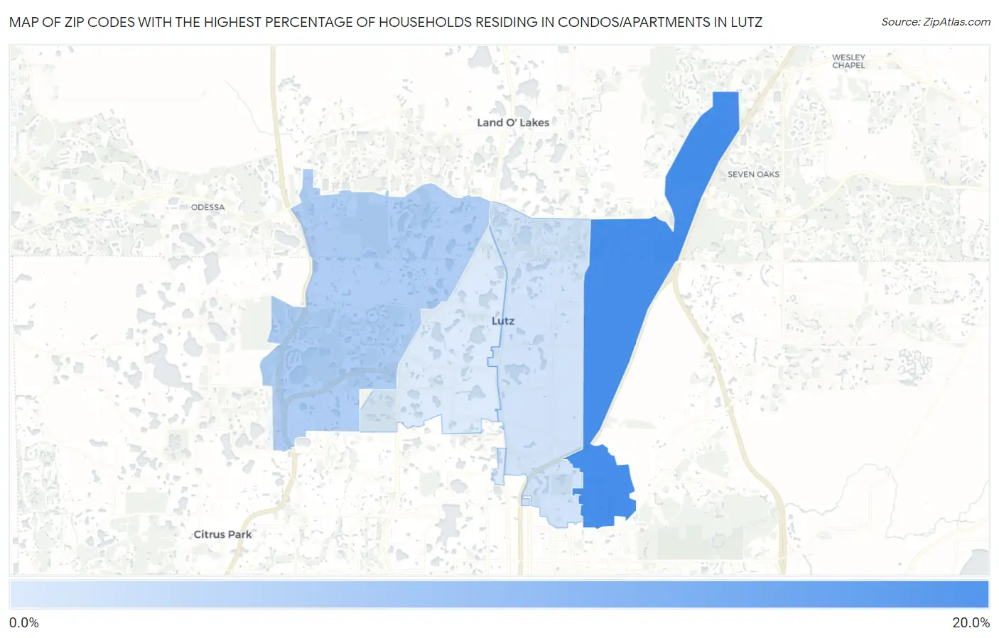 Zip Codes with the Highest Percentage of Households Residing in Condos/Apartments in Lutz Map