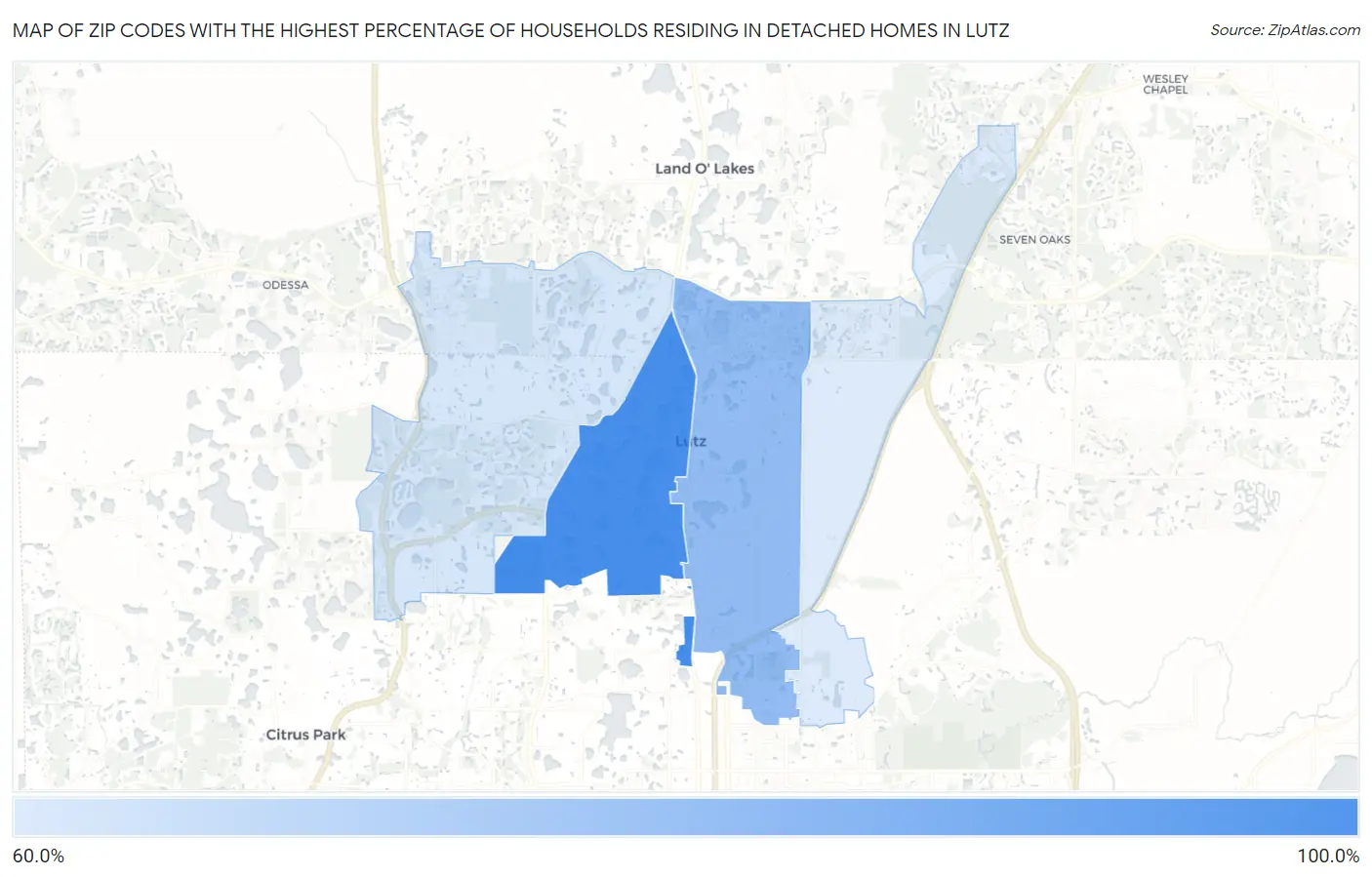 Zip Codes with the Highest Percentage of Households Residing in Detached Homes in Lutz Map