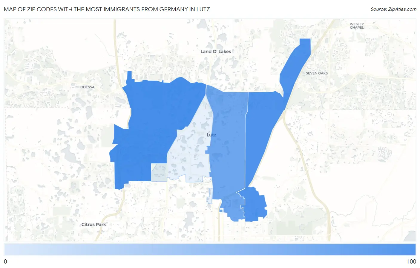 Zip Codes with the Most Immigrants from Germany in Lutz Map