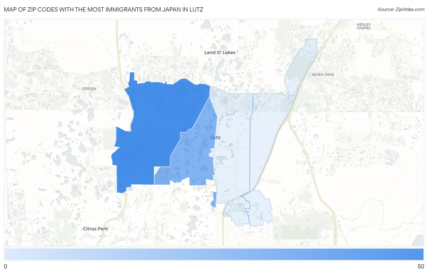 Zip Codes with the Most Immigrants from Japan in Lutz Map