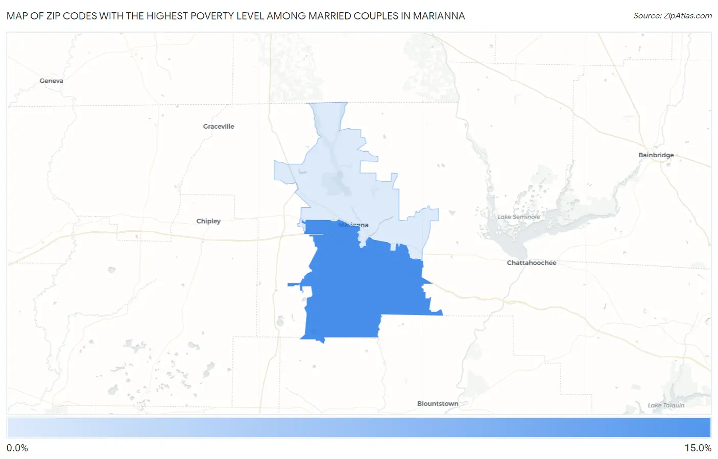 Zip Codes with the Highest Poverty Level Among Married Couples in Marianna Map