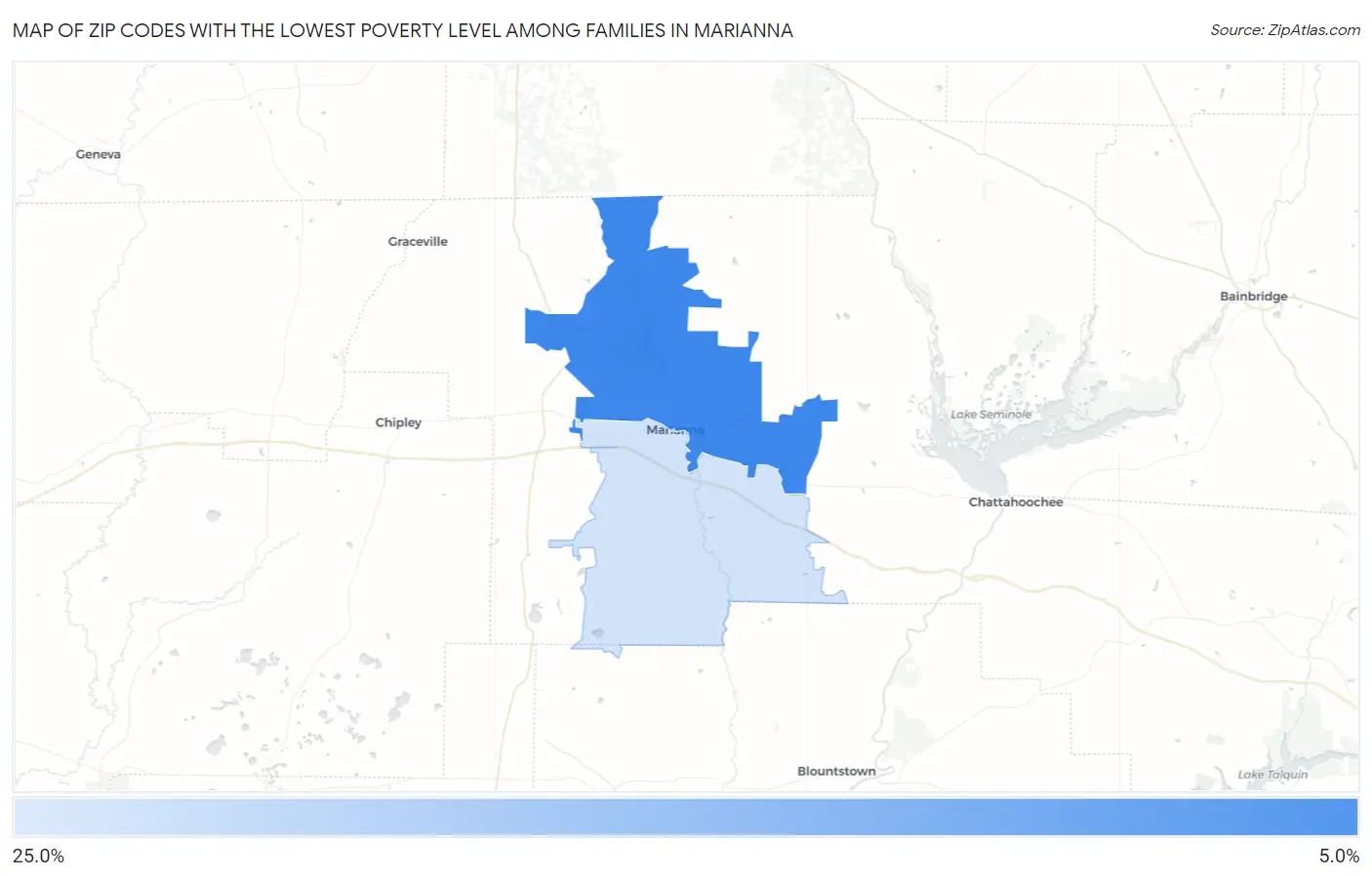 Zip Codes with the Lowest Poverty Level Among Families in Marianna Map