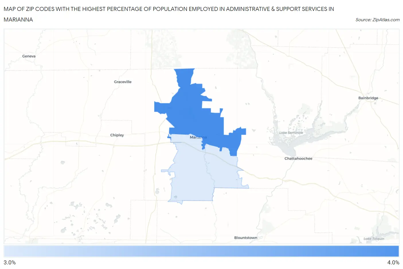 Zip Codes with the Highest Percentage of Population Employed in Administrative & Support Services in Marianna Map
