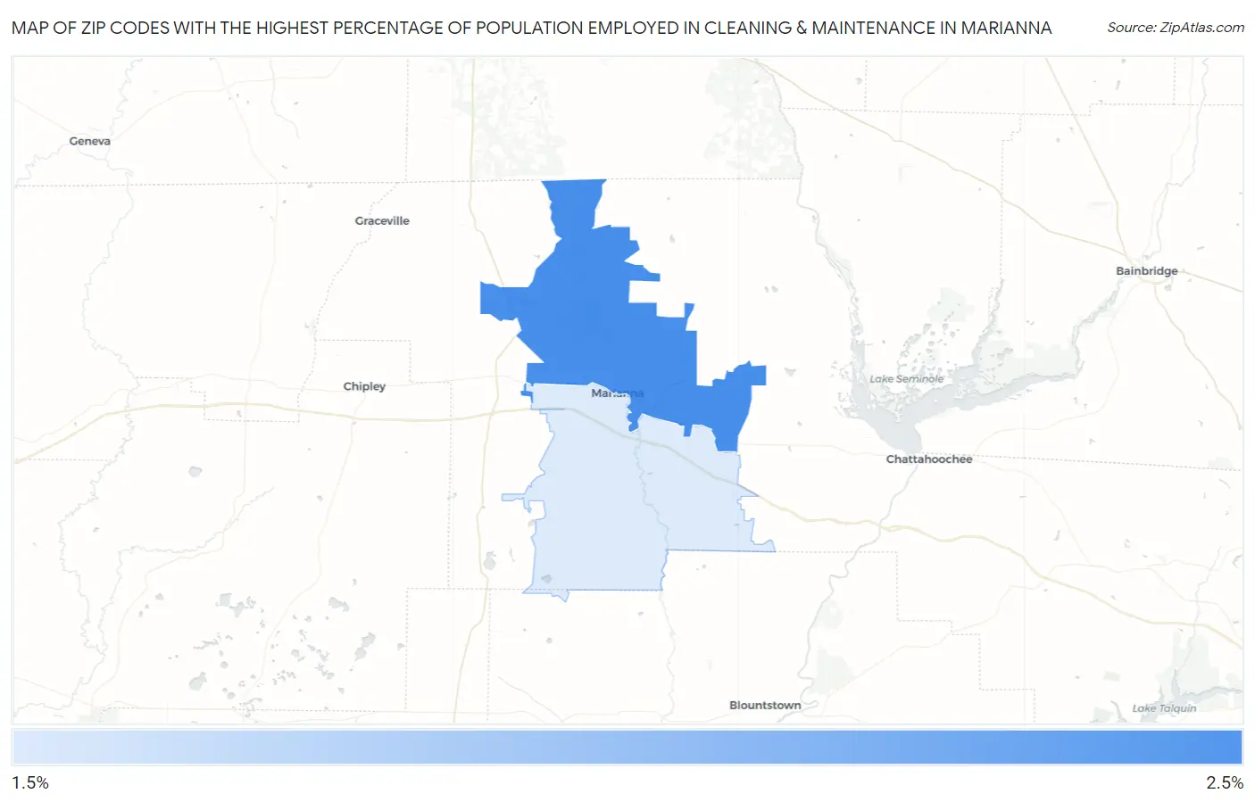 Zip Codes with the Highest Percentage of Population Employed in Cleaning & Maintenance in Marianna Map