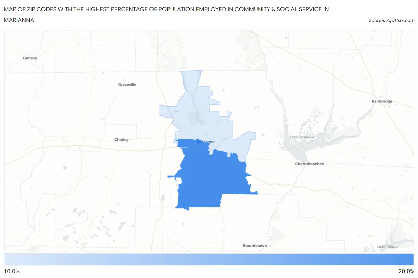 Zip Codes with the Highest Percentage of Population Employed in Community & Social Service  in Marianna Map