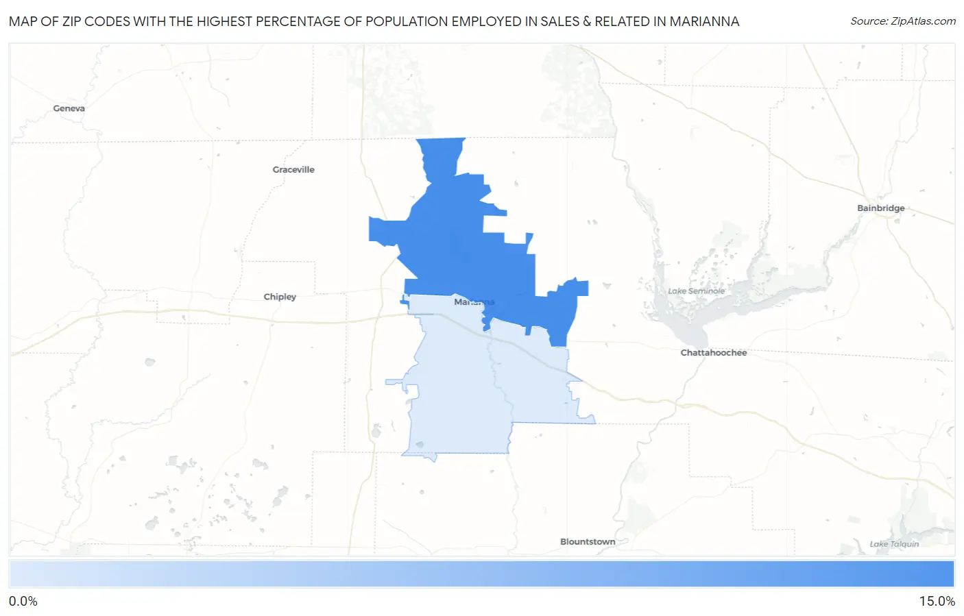 Zip Codes with the Highest Percentage of Population Employed in Sales & Related in Marianna Map