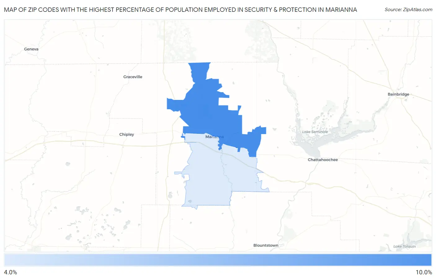 Zip Codes with the Highest Percentage of Population Employed in Security & Protection in Marianna Map