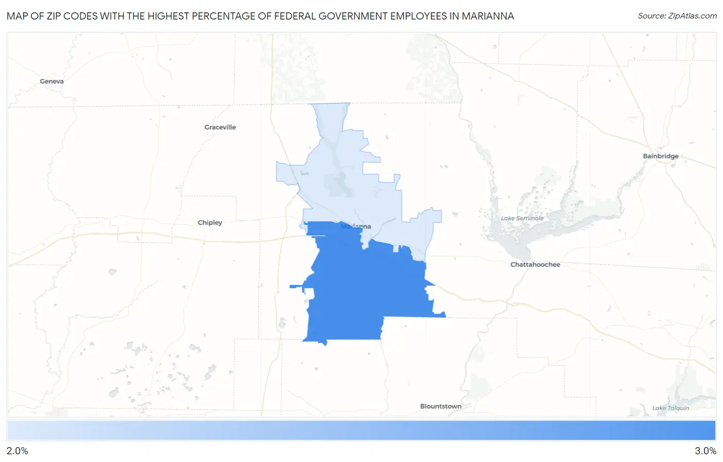 Zip Codes with the Highest Percentage of Federal Government Employees in Marianna Map