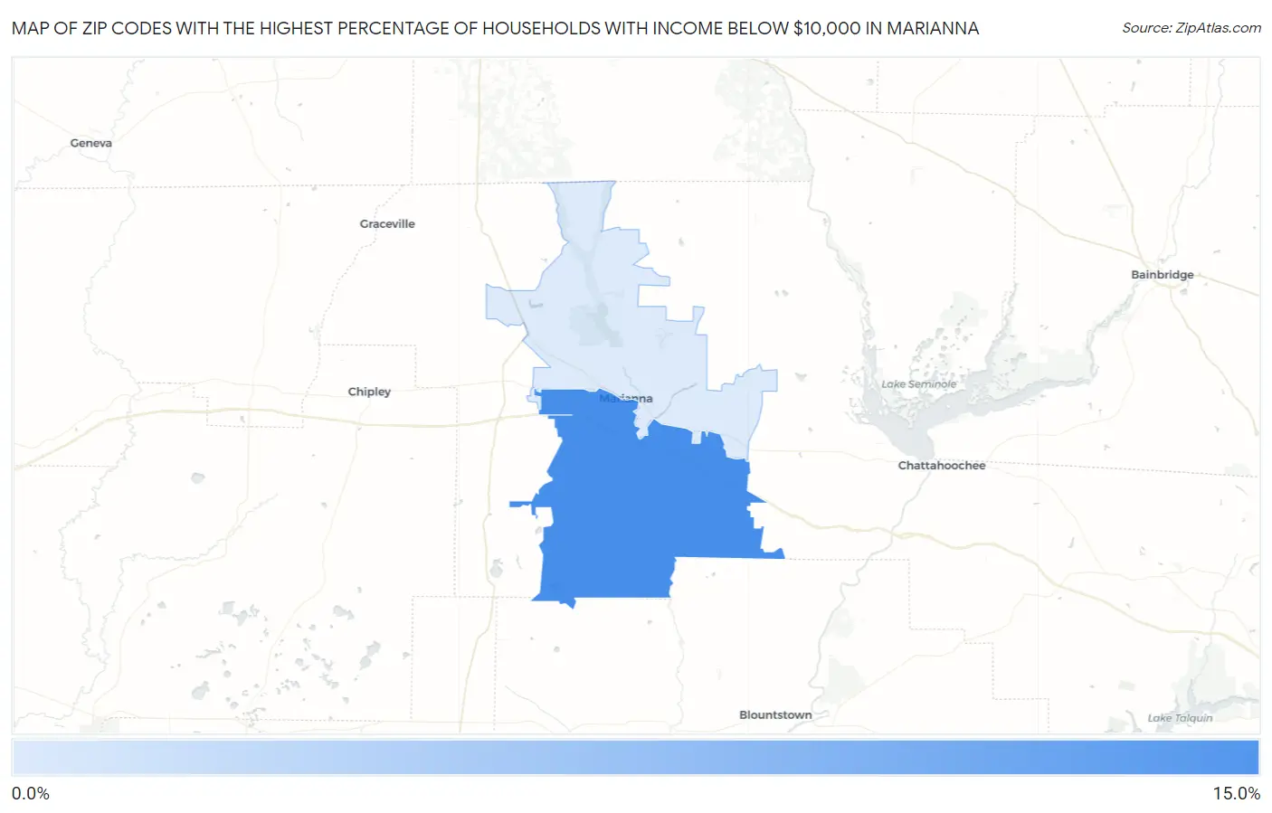 Zip Codes with the Highest Percentage of Households with Income Below $10,000 in Marianna Map