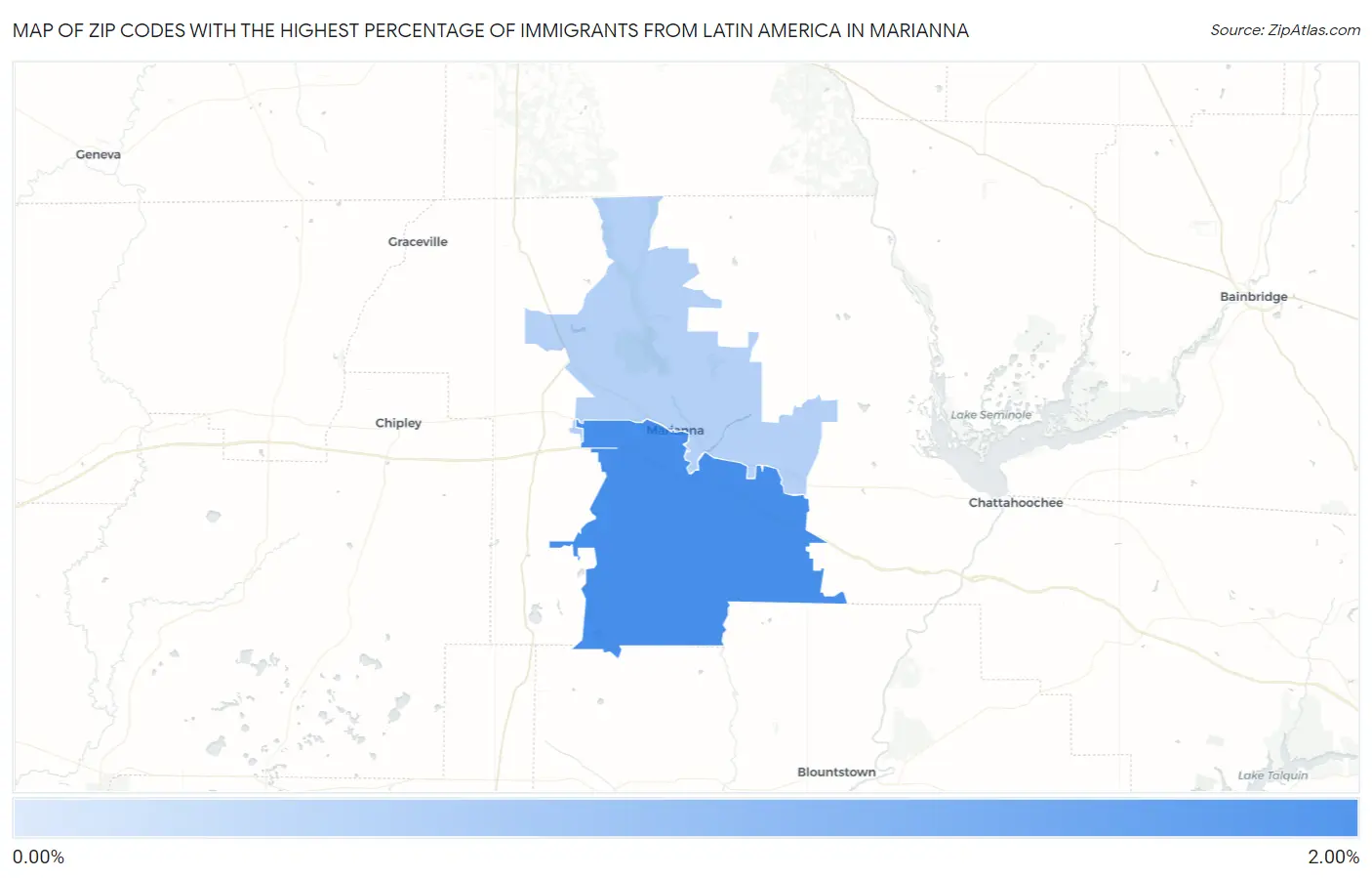 Zip Codes with the Highest Percentage of Immigrants from Latin America in Marianna Map