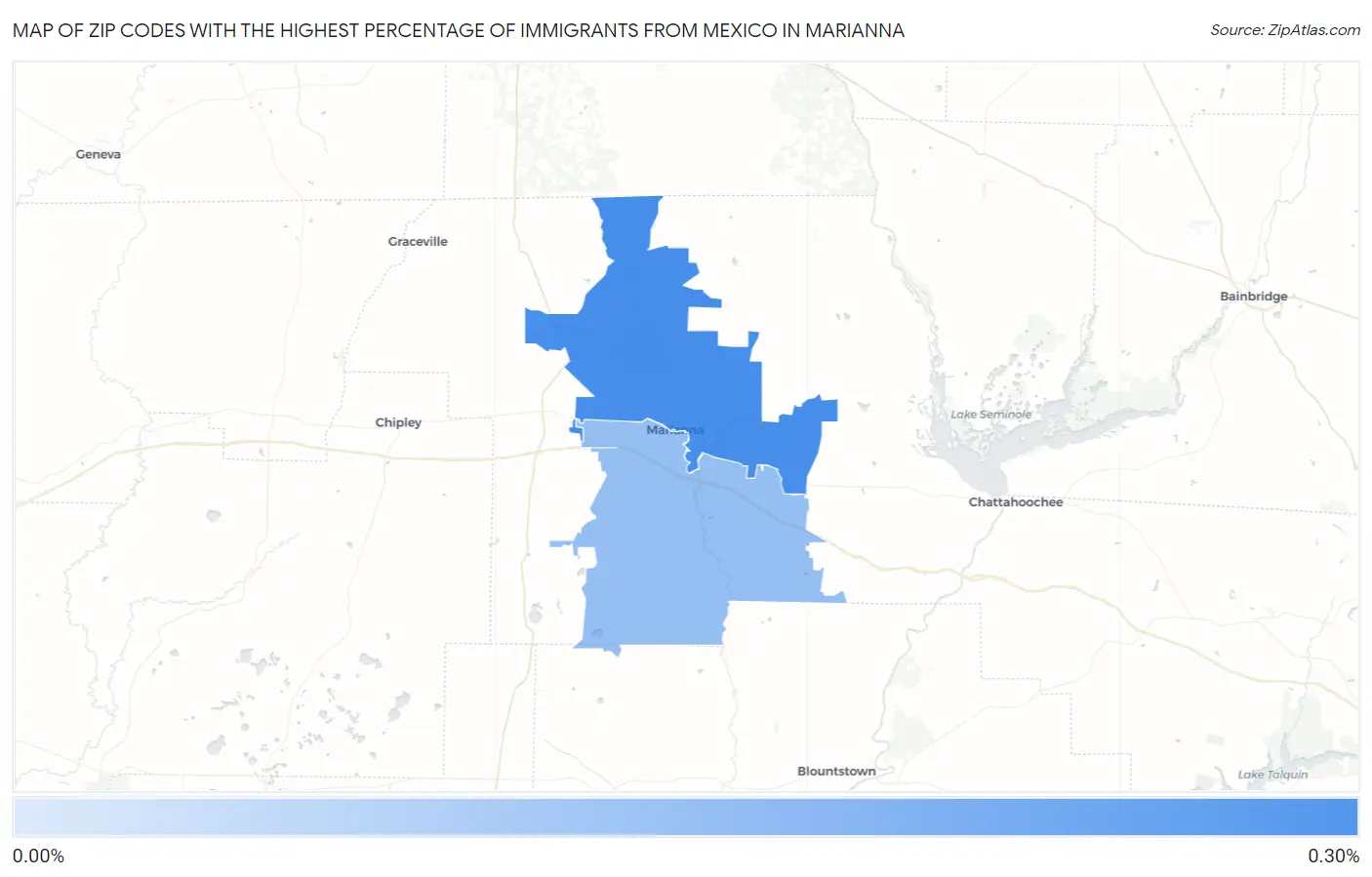 Zip Codes with the Highest Percentage of Immigrants from Mexico in Marianna Map