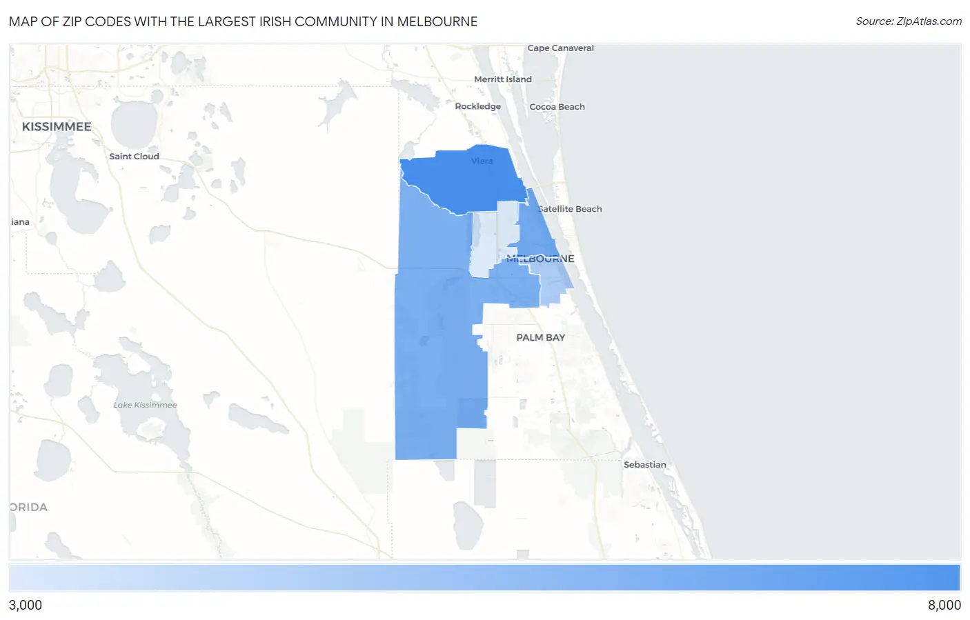 Zip Codes with the Largest Irish Community in Melbourne Map