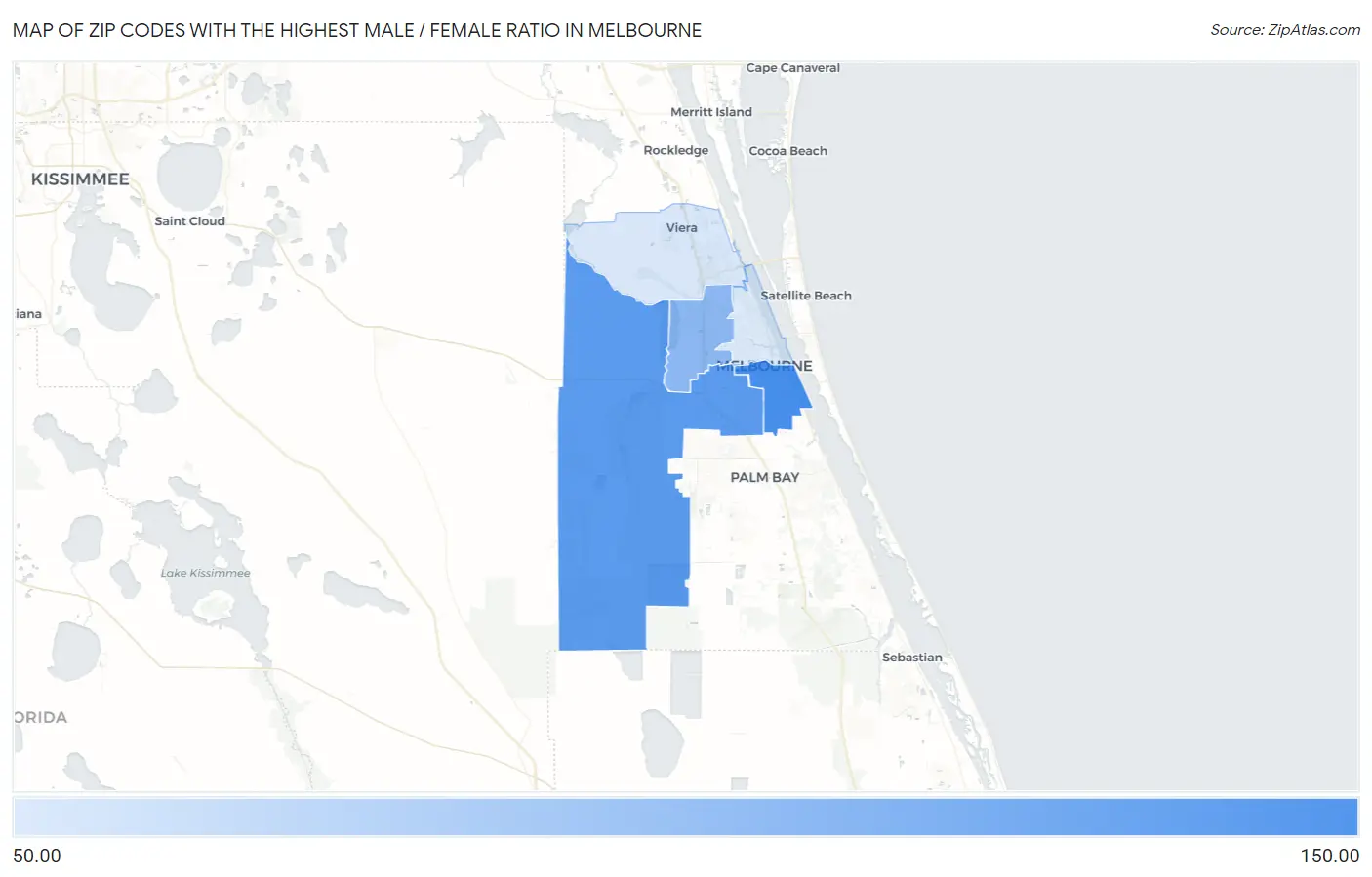 Zip Codes with the Highest Male / Female Ratio in Melbourne Map