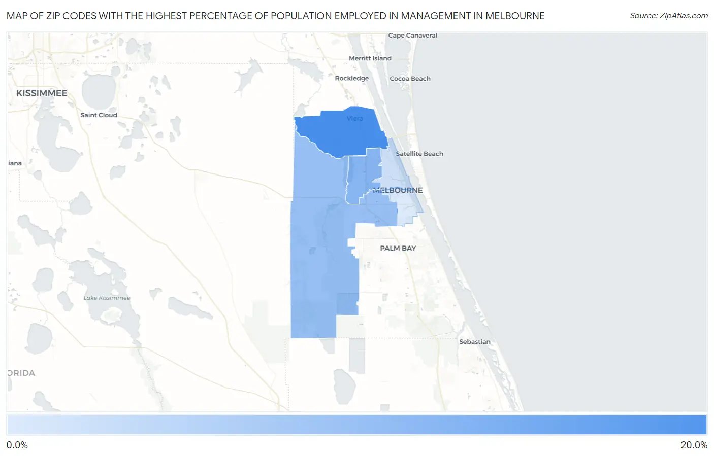 Zip Codes with the Highest Percentage of Population Employed in Management in Melbourne Map