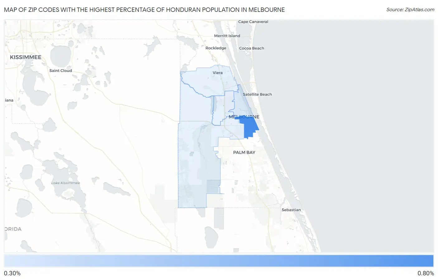 Zip Codes with the Highest Percentage of Honduran Population in Melbourne Map