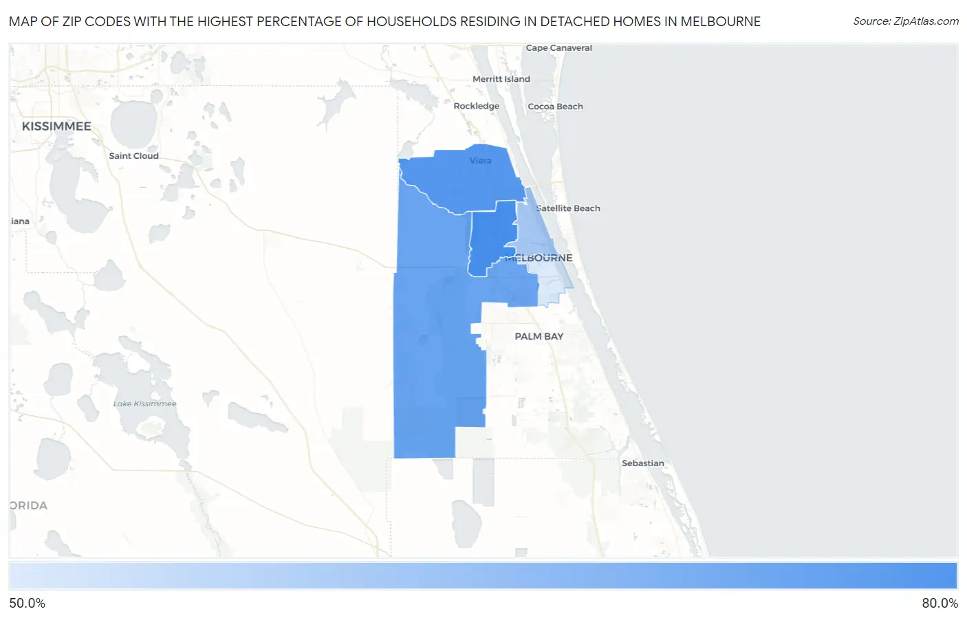 Zip Codes with the Highest Percentage of Households Residing in Detached Homes in Melbourne Map
