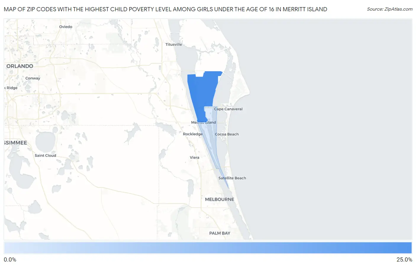 Zip Codes with the Highest Child Poverty Level Among Girls Under the Age of 16 in Merritt Island Map