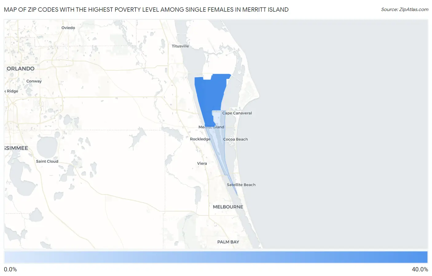 Zip Codes with the Highest Poverty Level Among Single Females in Merritt Island Map