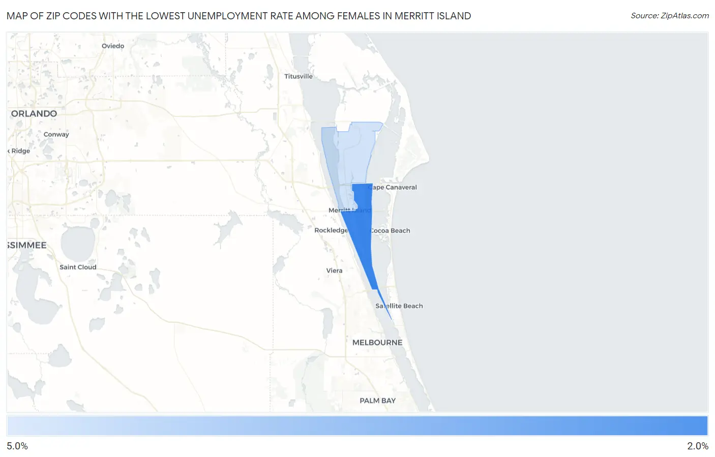 Zip Codes with the Lowest Unemployment Rate Among Females in Merritt Island Map