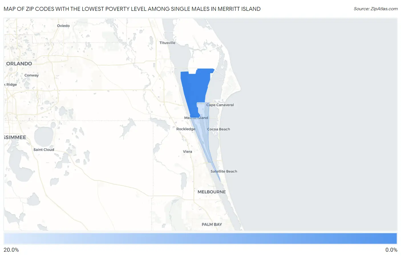 Zip Codes with the Lowest Poverty Level Among Single Males in Merritt Island Map