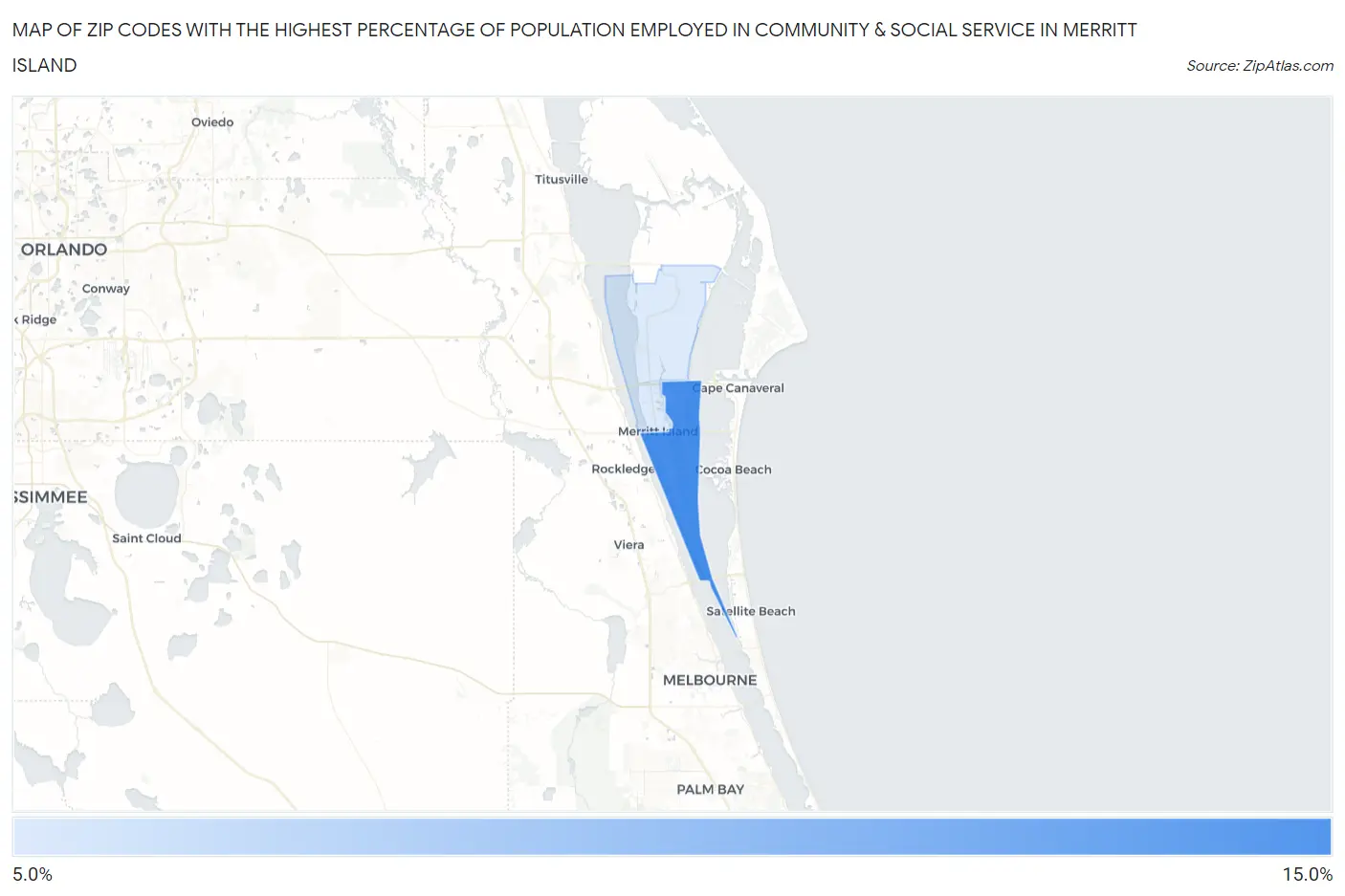 Zip Codes with the Highest Percentage of Population Employed in Community & Social Service  in Merritt Island Map