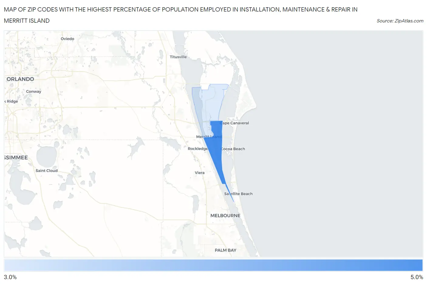 Zip Codes with the Highest Percentage of Population Employed in Installation, Maintenance & Repair in Merritt Island Map