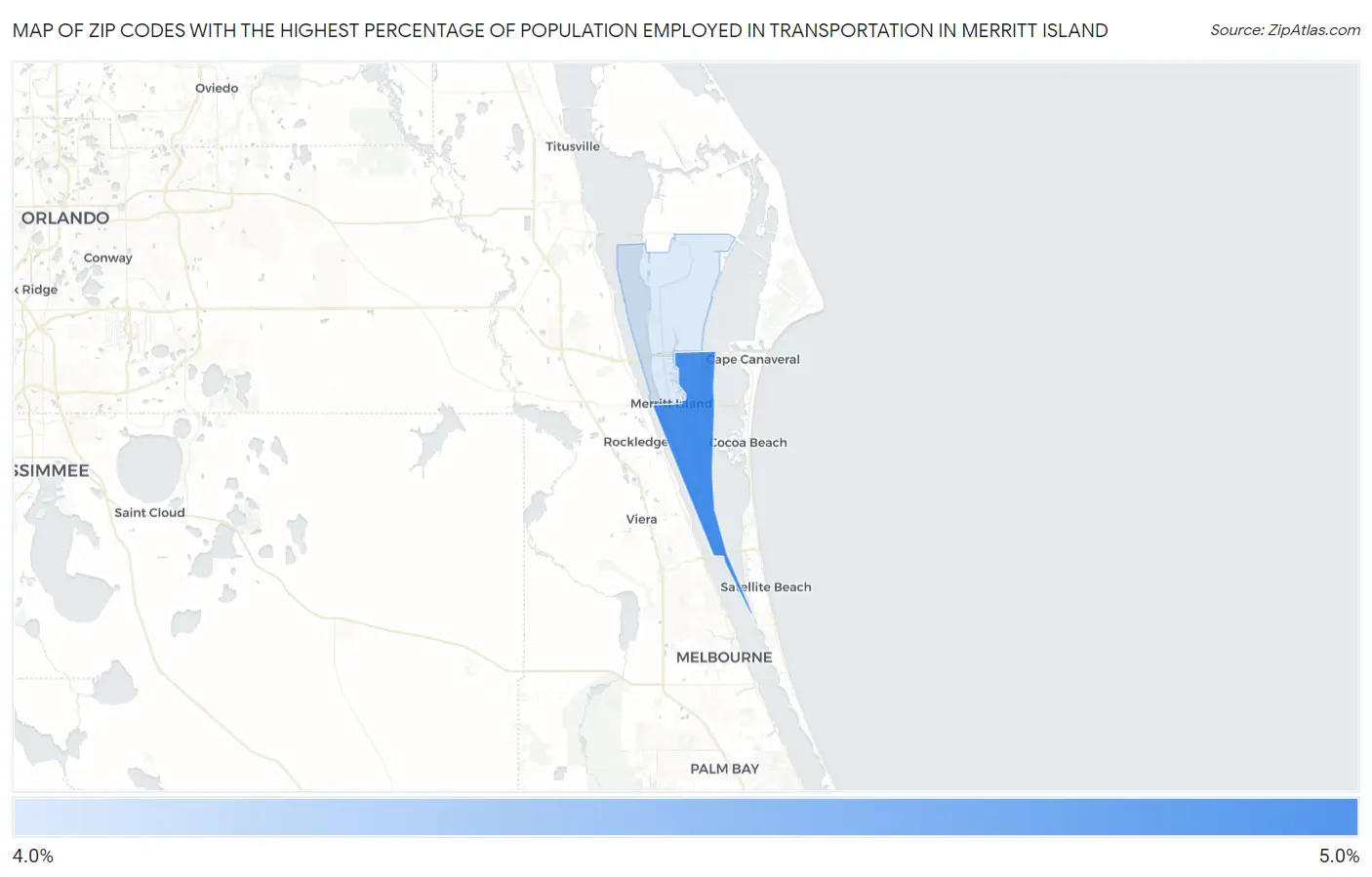 Zip Codes with the Highest Percentage of Population Employed in Transportation in Merritt Island Map