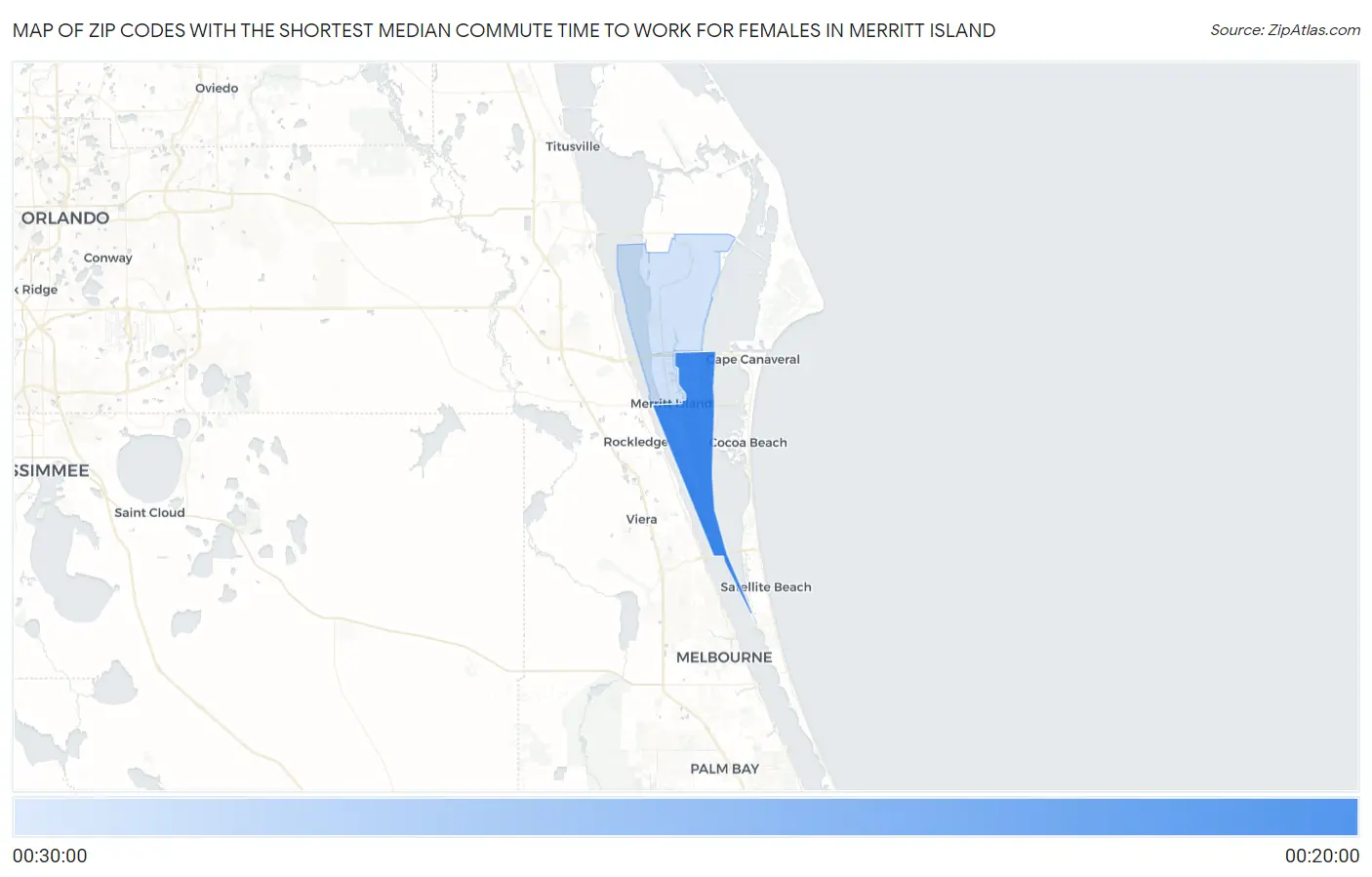 Zip Codes with the Shortest Median Commute Time to Work for Females in Merritt Island Map