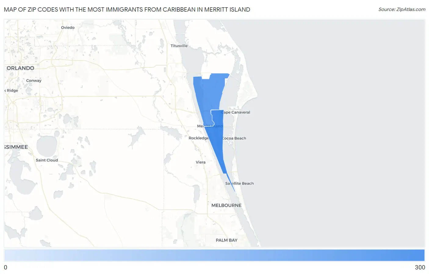 Zip Codes with the Most Immigrants from Caribbean in Merritt Island Map