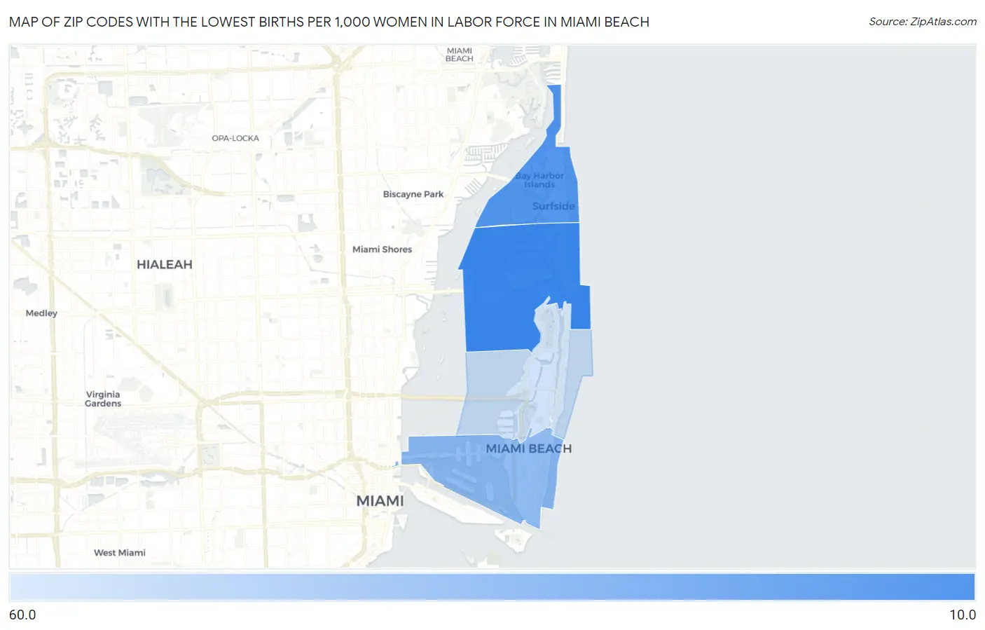 Zip Codes with the Lowest Births per 1,000 Women in Labor Force in Miami Beach Map