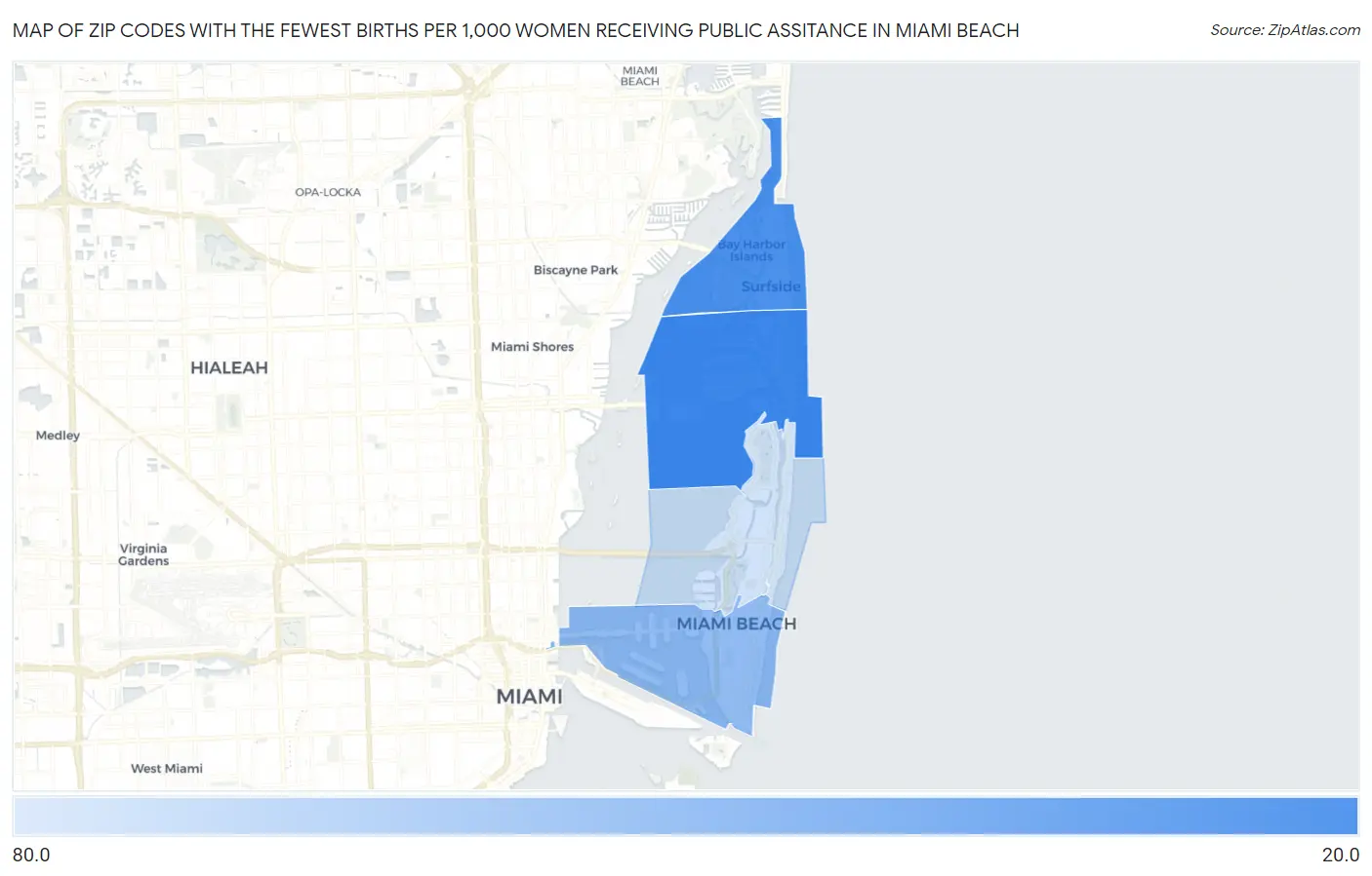 Zip Codes with the Fewest Births per 1,000 Women Receiving Public Assitance in Miami Beach Map
