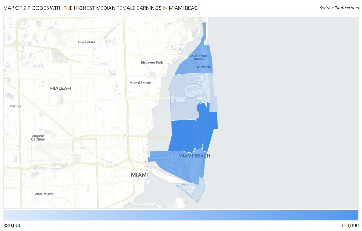 Zip Codes with the Highest Median Female Earnings in Miami Beach Map