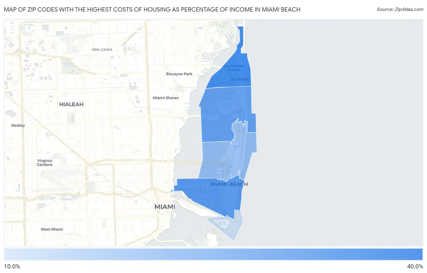 Zip Codes with the Highest Costs of Housing as Percentage of Income in Miami Beach Map